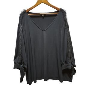 The Limited 3X Black Blouse Crochet Trim Tie Sleeve 3/4 V Neck Stretch Top